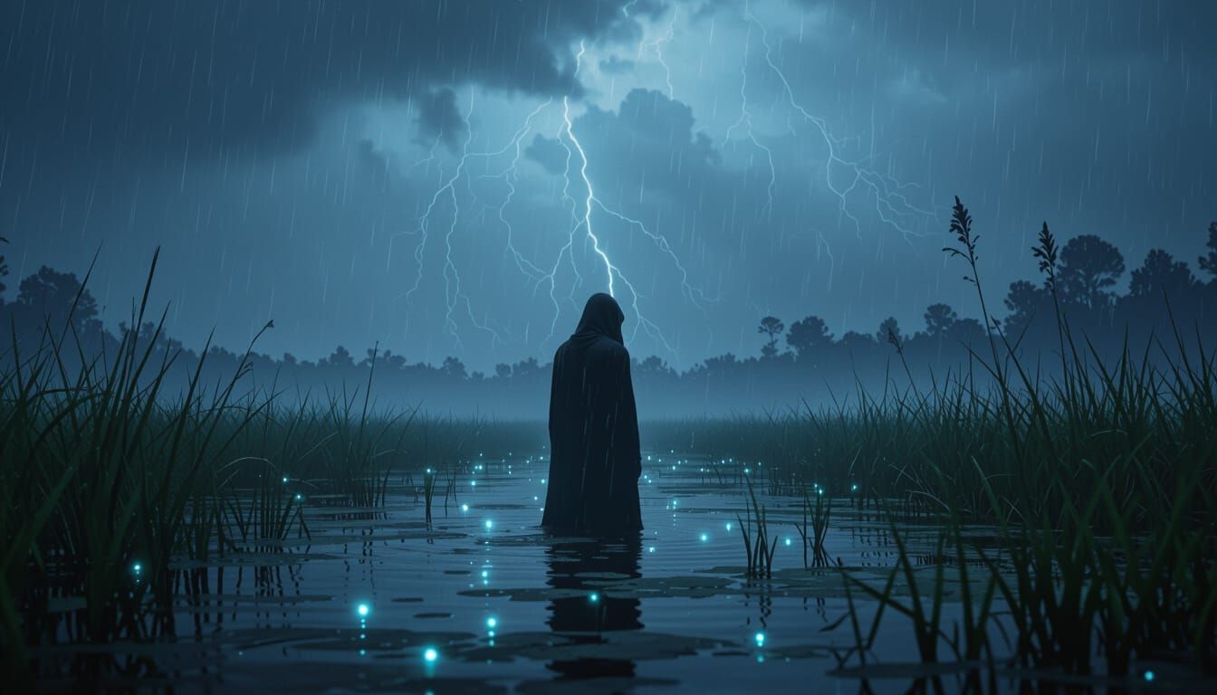 Lonely Figure in Swamp, Inspired by Albert Camus