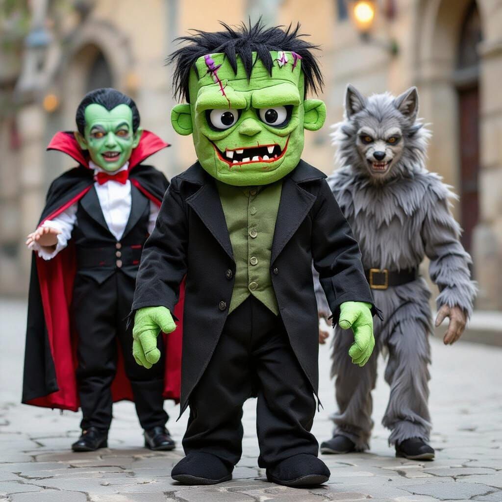 Cute Frankenstein, Dracula, and Wolfman Monsters Together