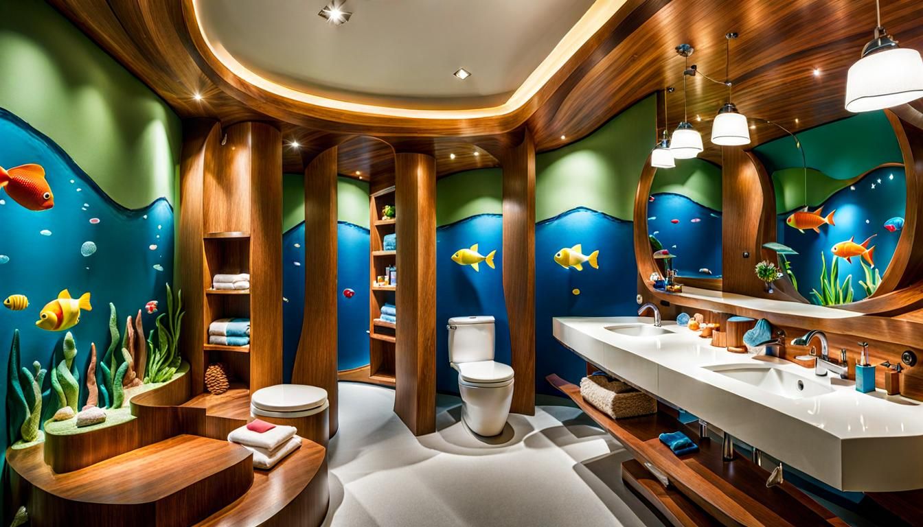 A bathroom for children decorated like a fishing fantasy adventure