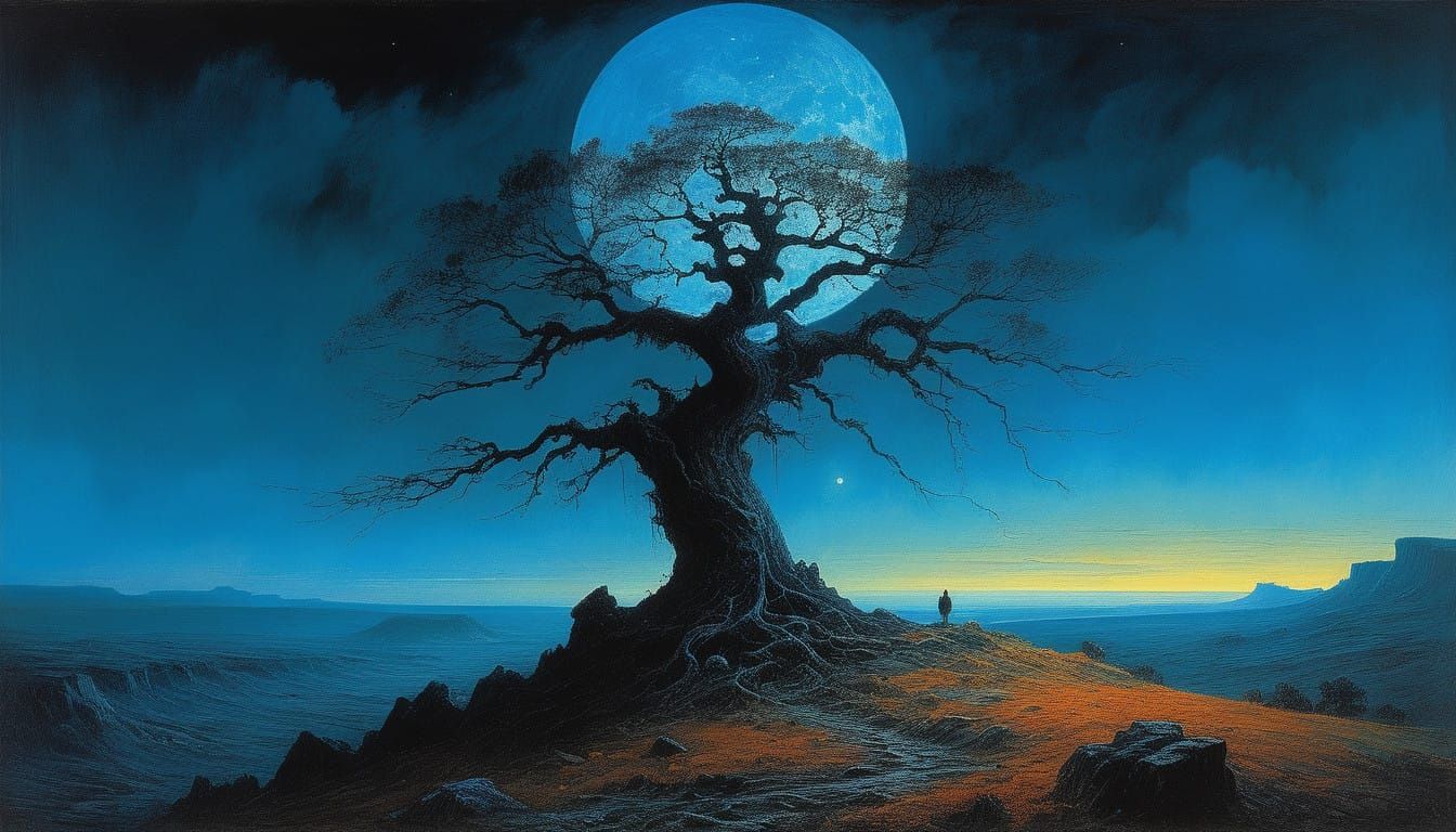Moonlit Tree Silhouette on a Hill