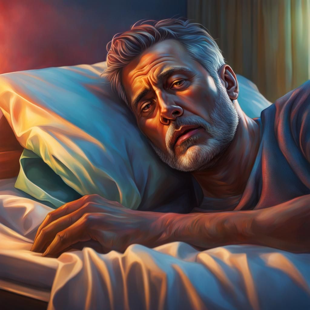 Man Injured in Hospital Bed, Hyperrealistic Splash Art