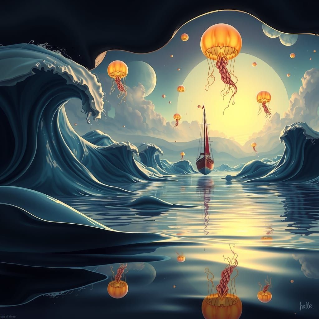 Surreal Ocean with Floating Shapes & Ethereal Jellyfish