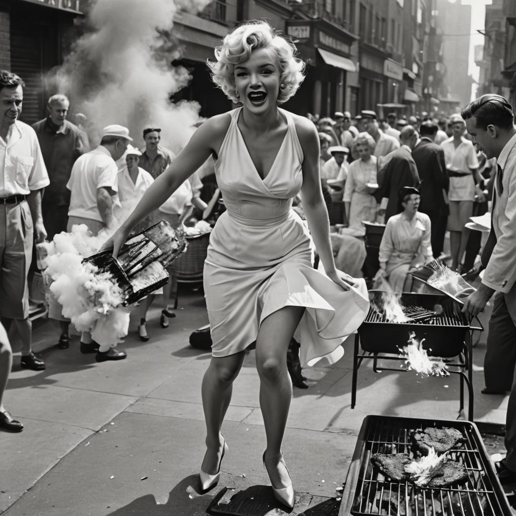 marilyn monroe in the movie seven year itch, standing over a large grill in and air blowing up, , black and white, her w...
