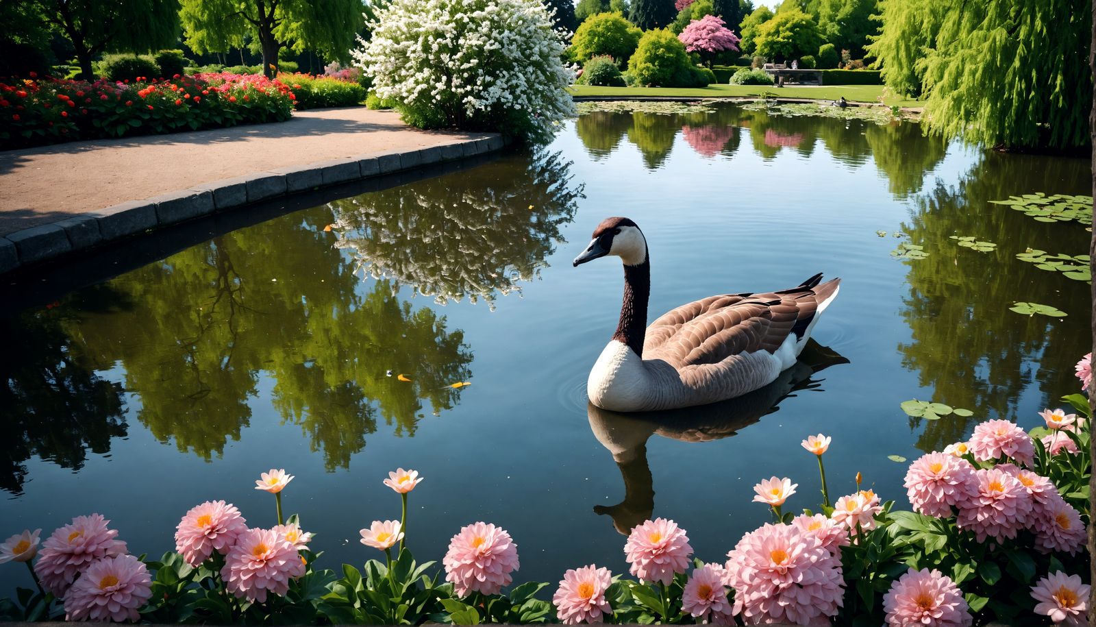 Goose in Garden Lake: Hyperrealistic Cinematic Photo