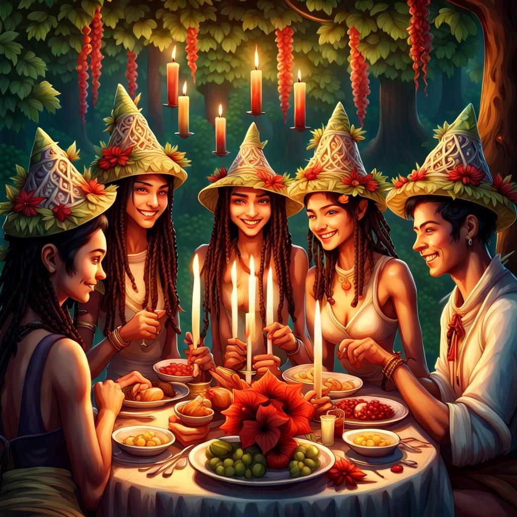 Nymphs' Feast in Backlit Forest: Isometric View