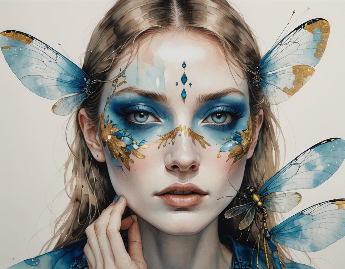 Blue Dragonfly on Girl's Face: Ornate Illustration