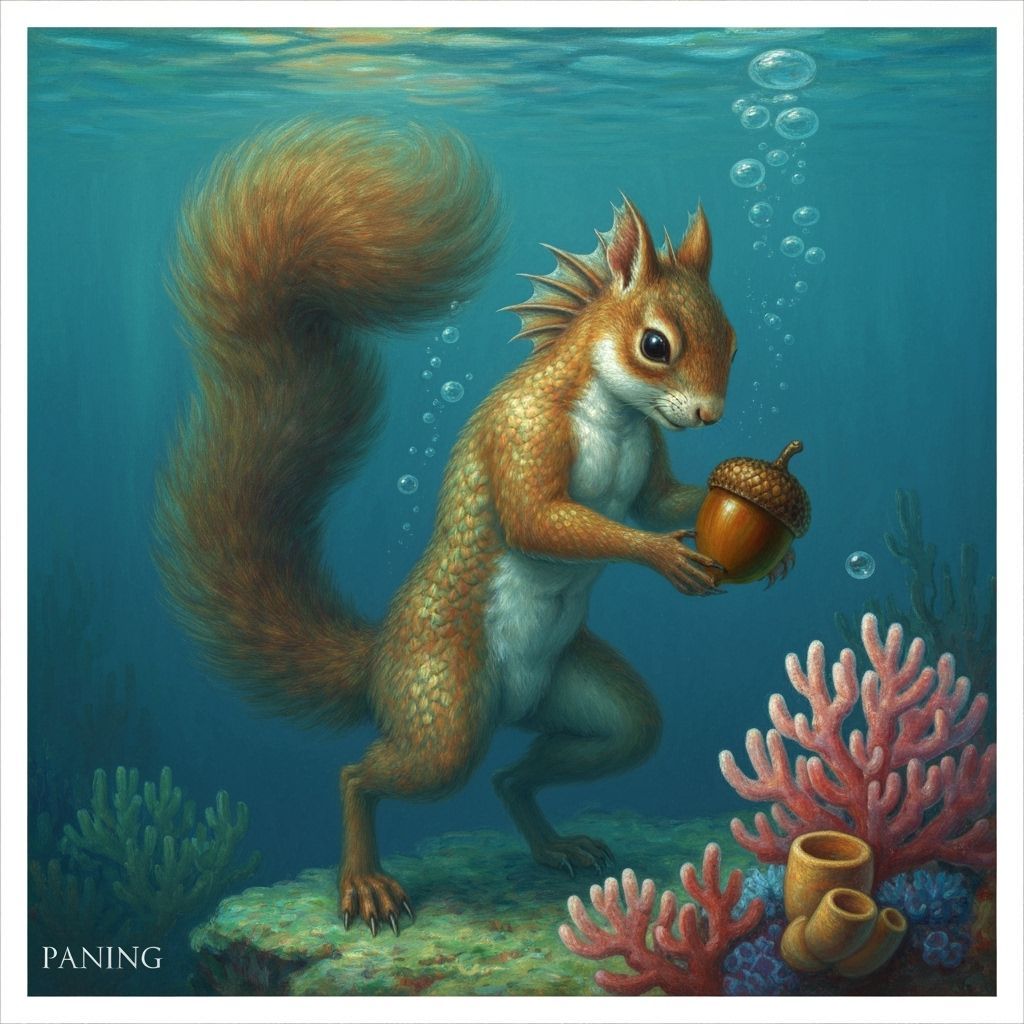 Aquatic Squirrel Collecting Acorn, Impressionist Style
