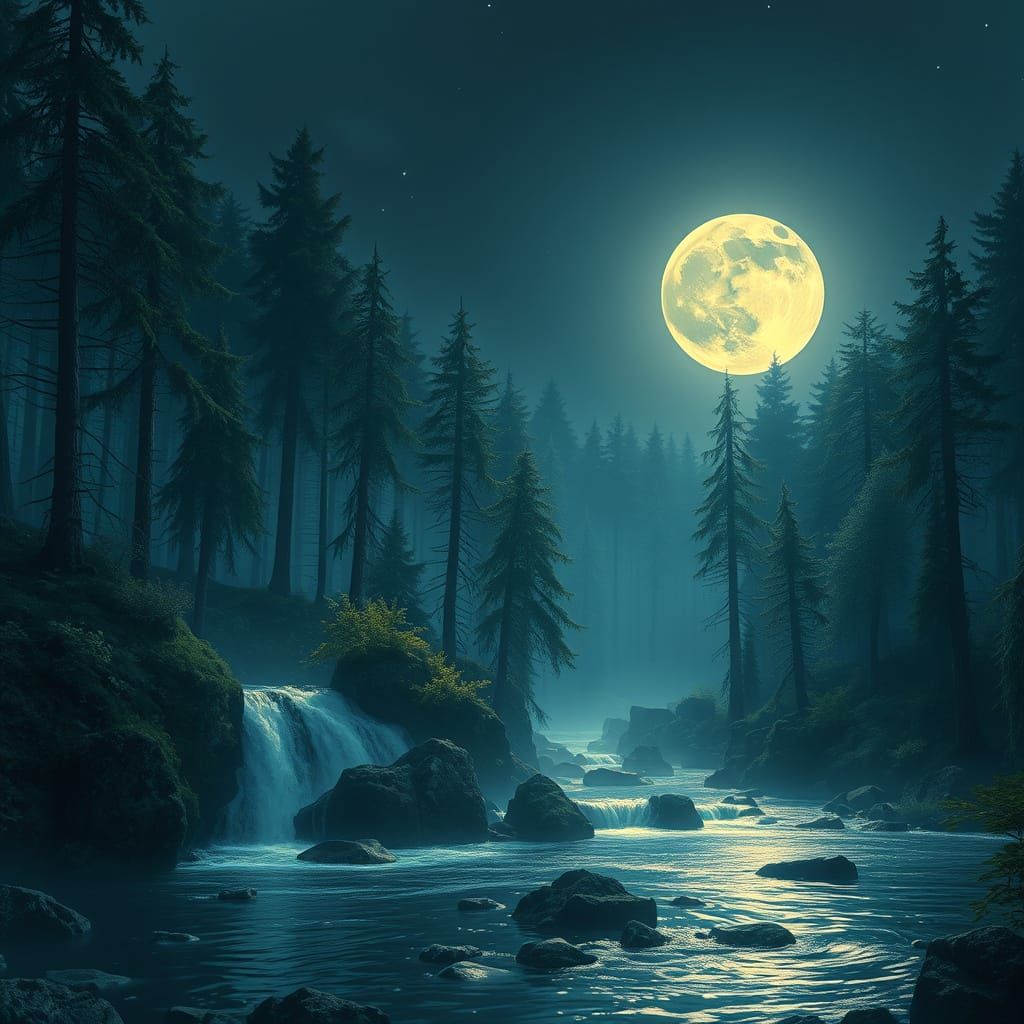 Ethereal Forest Scene at Night with Glowing Moon and Cascadi...
