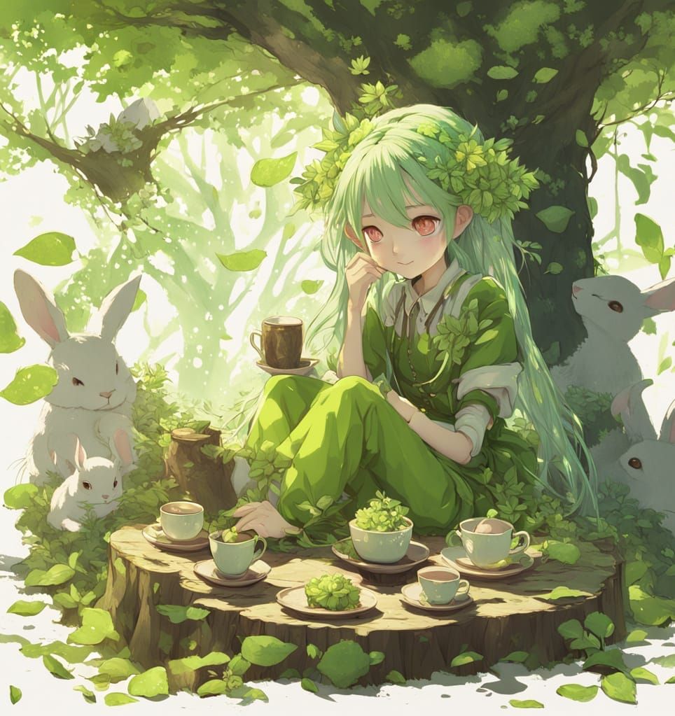 Whimsical Dryad in a Vibrant Tea Party Scene