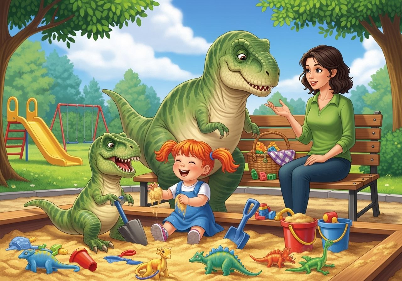 Charming Storybook Scene: T-Rex Baby and Girl's Friendship
