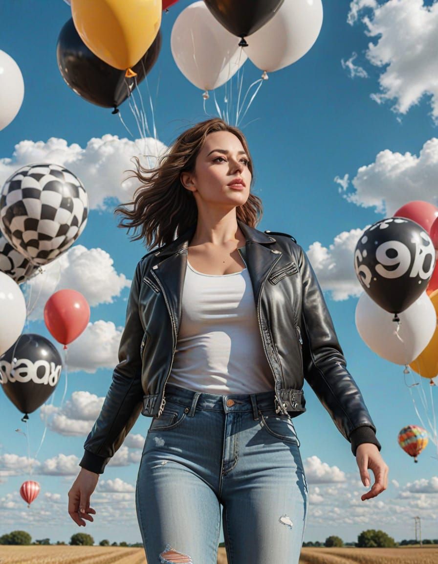 Woman Walking with 99 Balloons in Hyperrealistic Style