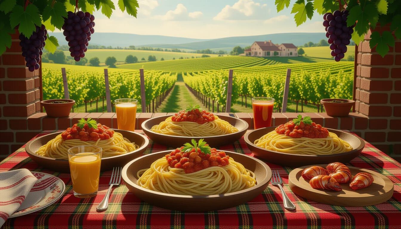 Bountiful Italian Feast on Plaid Tablecloth