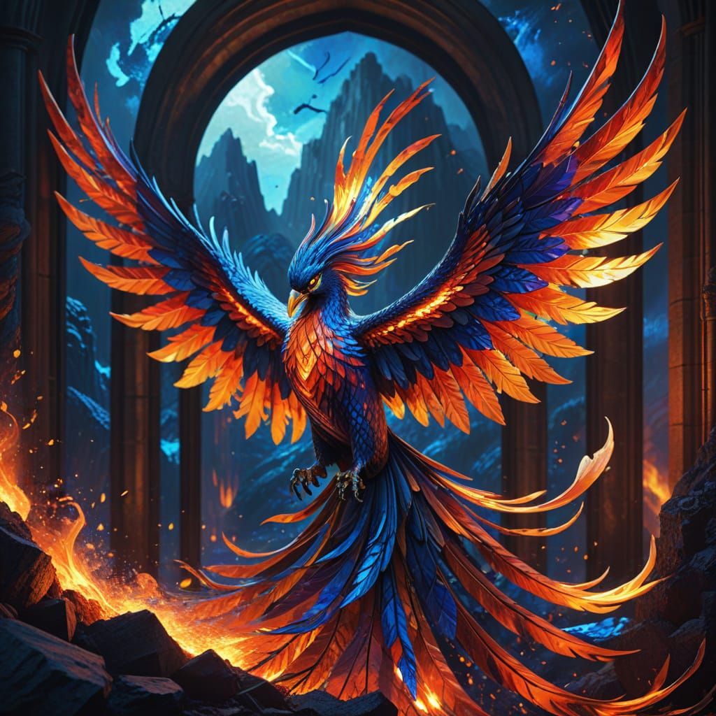 Stained Glass Phoenix Rises from Volcano