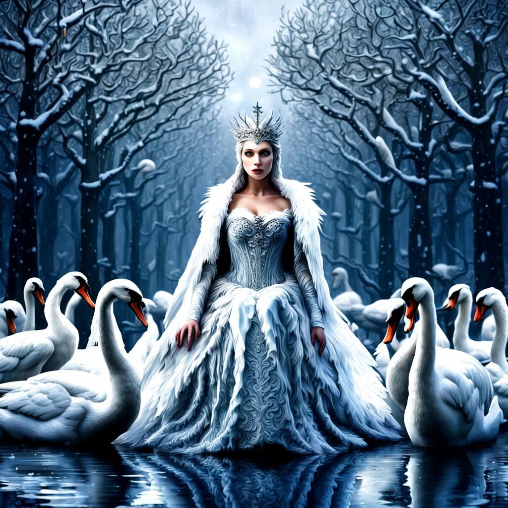 Snow Queen and Swans in Hyperrealistic Style