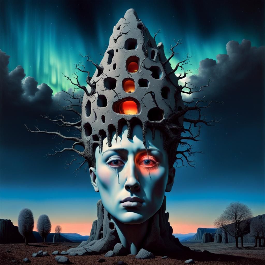 Surreal Head on Orchard in Aurora Light