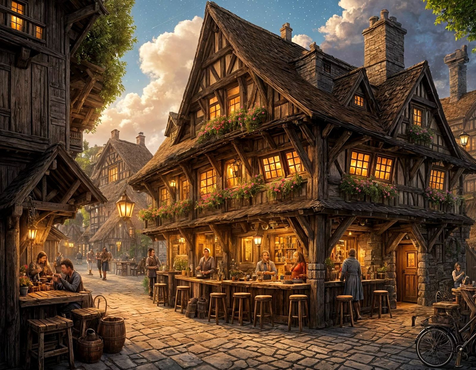 Medieval Tavern Concept Art Under Full Moon