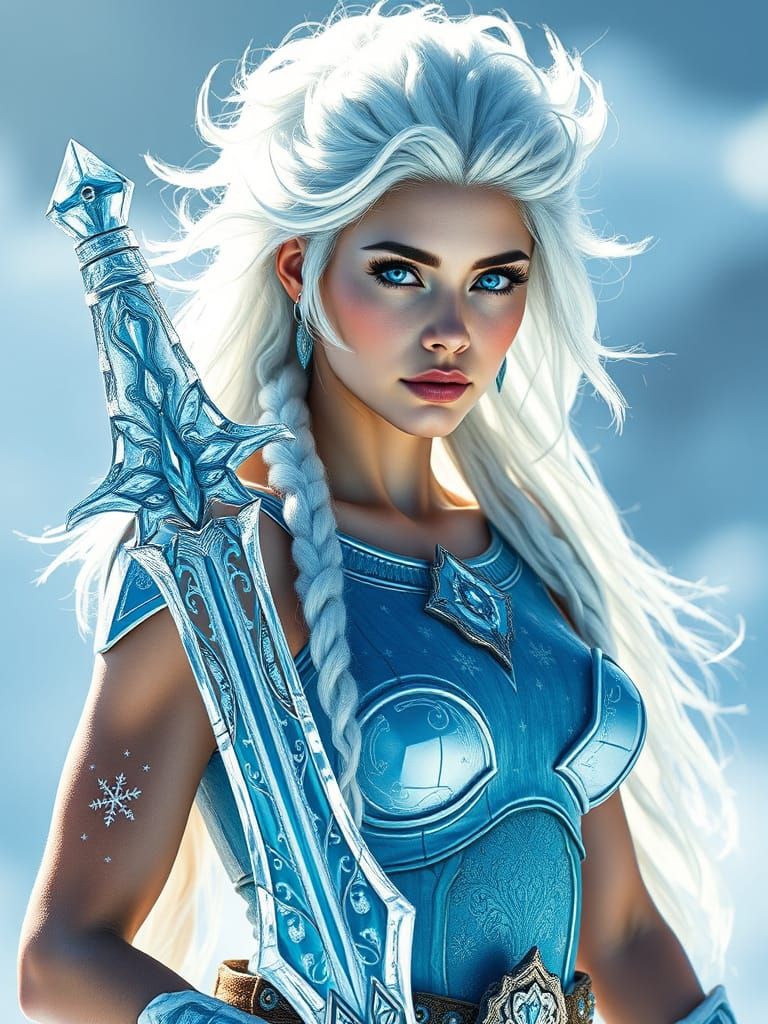 Ethereal Ice Warrior Woman in Luminous Blue Armor