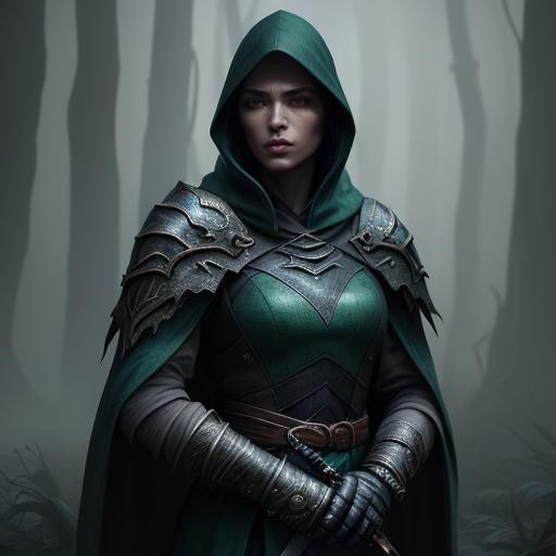 Mysterious Hooded Assassin in Misty Forest