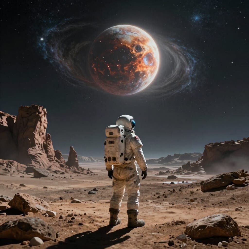 Astronaut Gazes at Dying Star on Barren Alien World