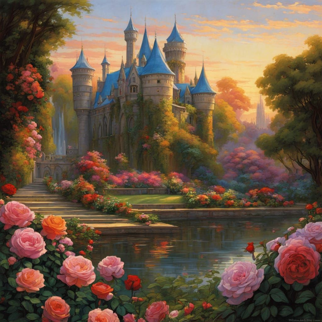 Fantasy Castle in a Rose Garden, Anime Style
