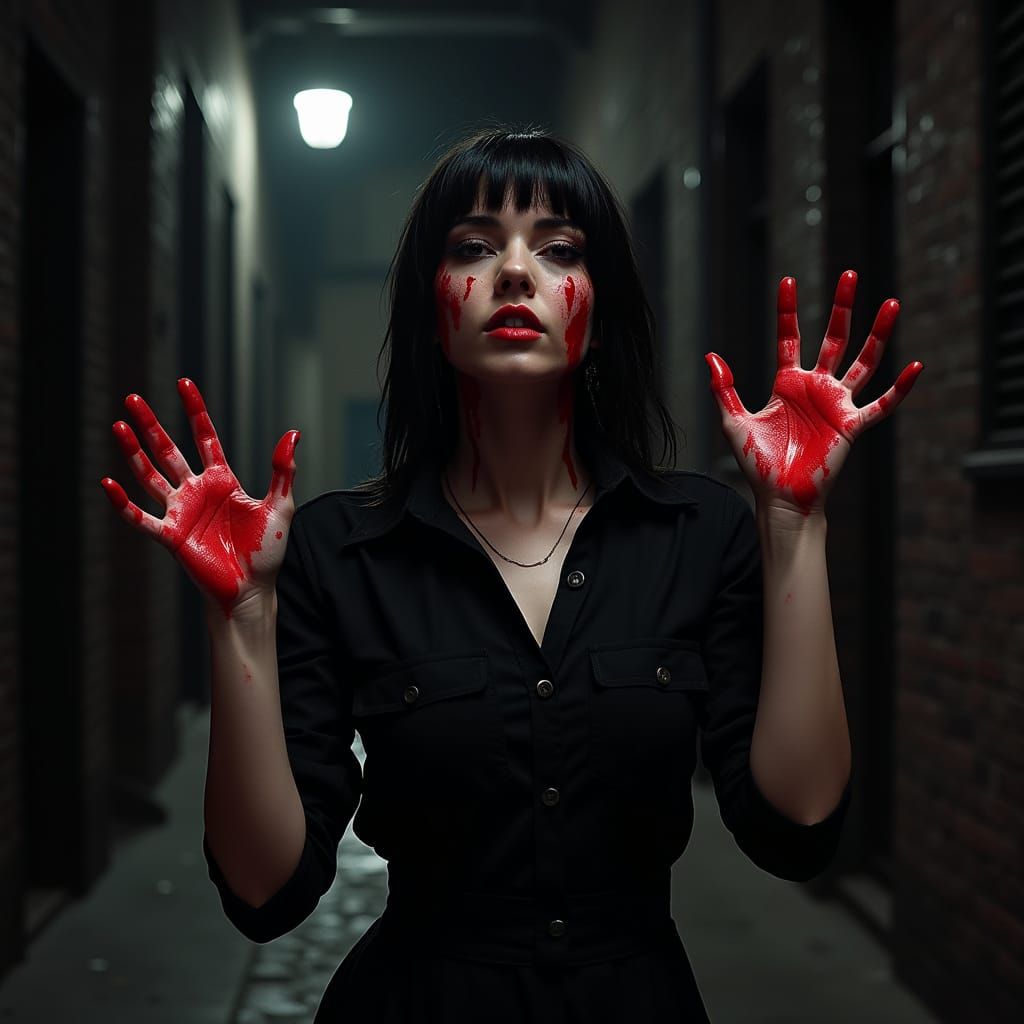 Goth Woman With Blood Splatter Hands in Neo-Noir Alley