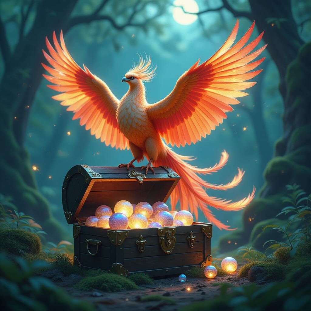 Cosmic Phoenix Perched on Treasure Chest
