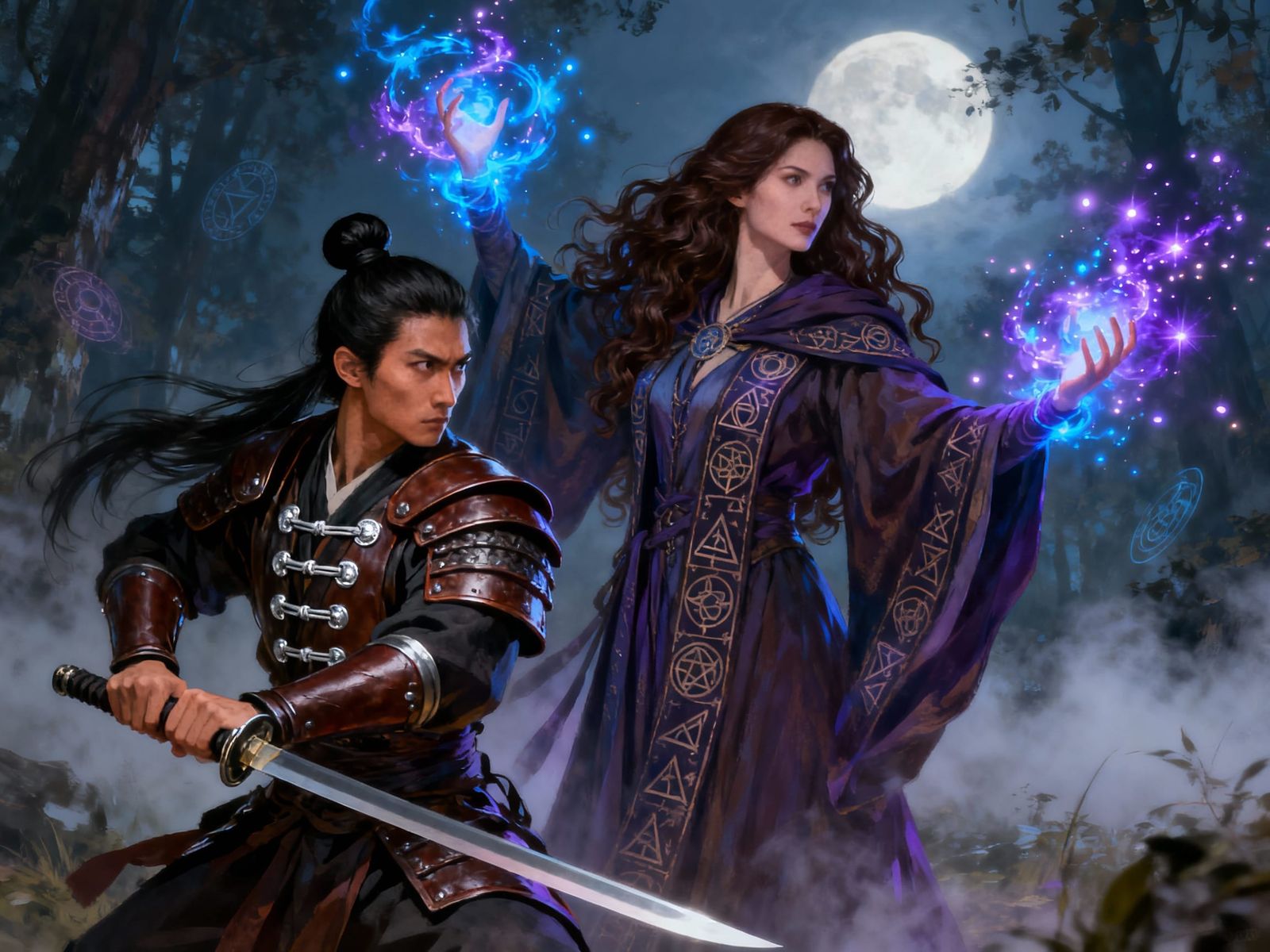 Fantasy Wizard and Warrior in Moonlit Forest