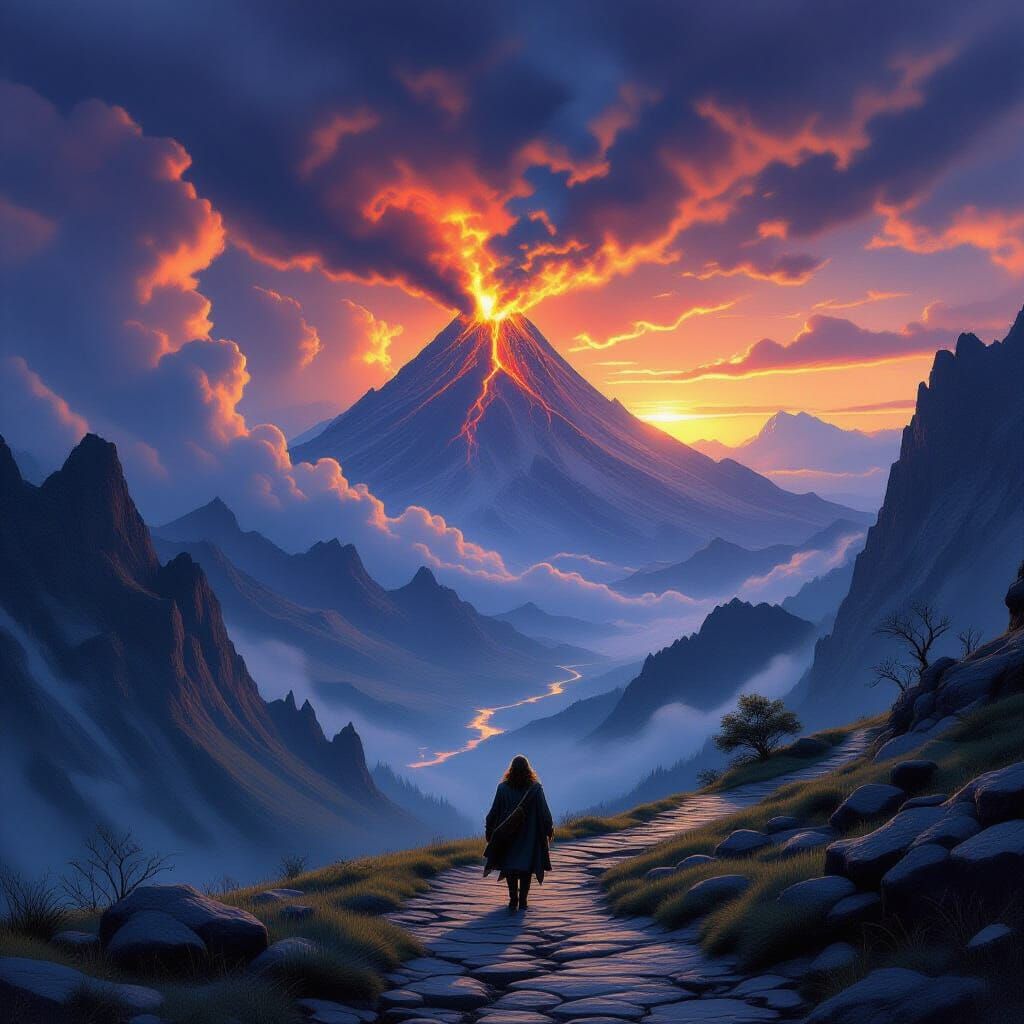 Epic Fantasy Landscape: Hobbit Approaches Mount Doom