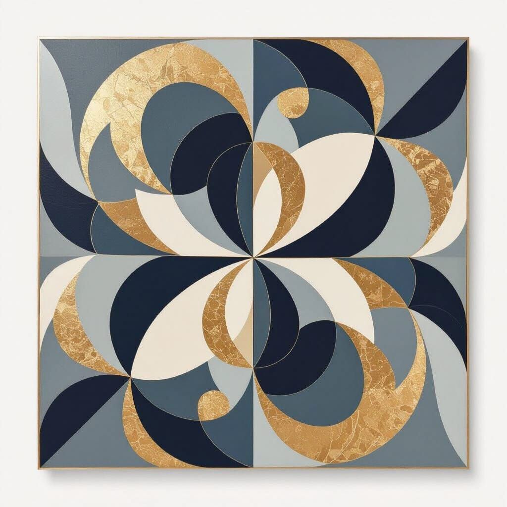 Abstract Geometric Art with Gold Swirls in Grey Palette
