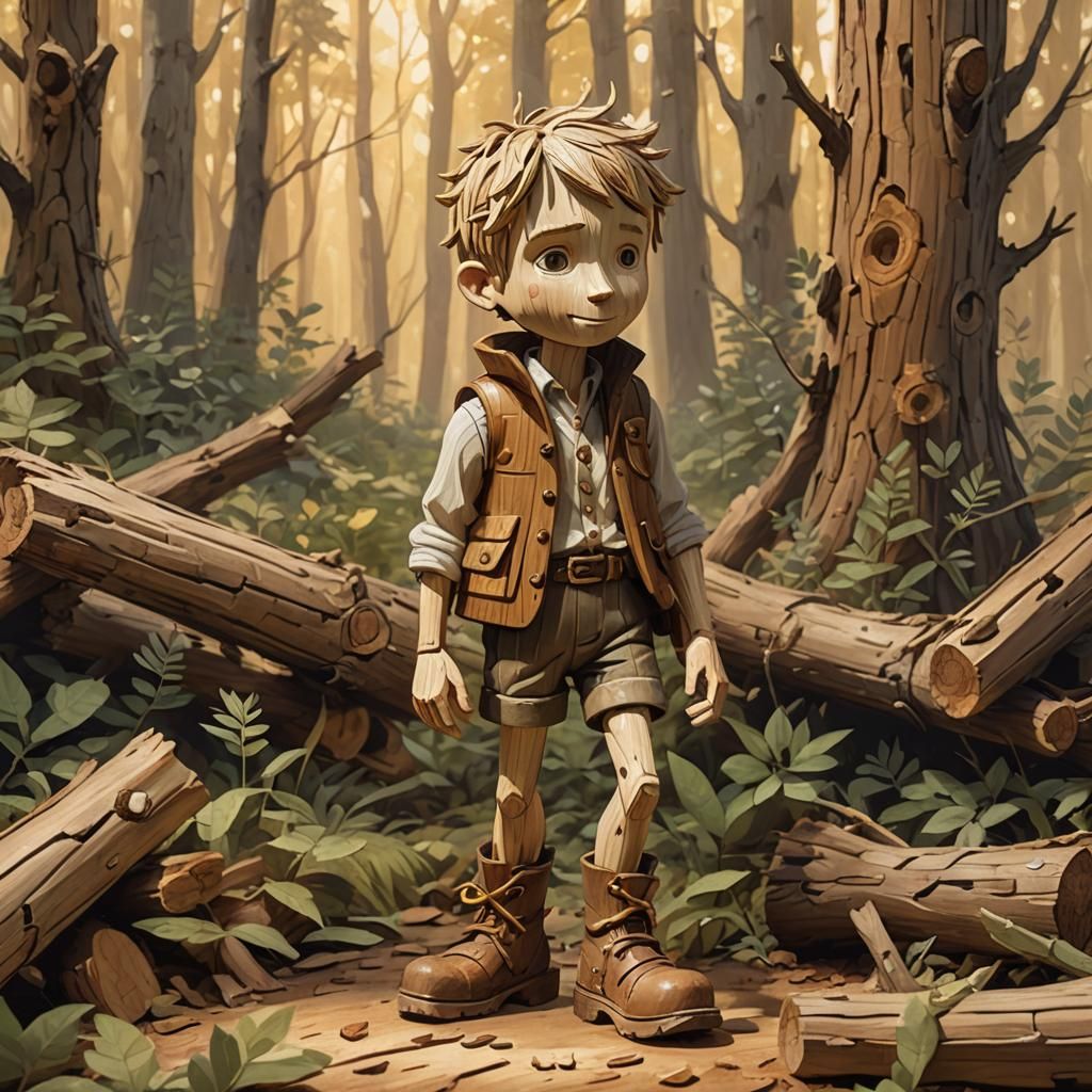 Wooden Forest Figure in Storybook Illustration Style