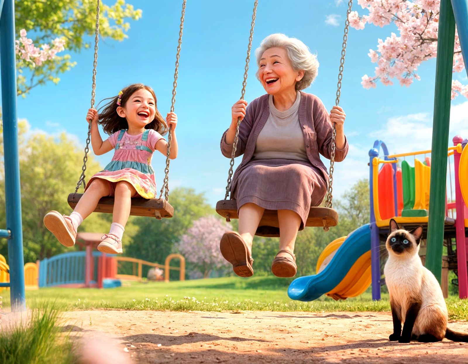 Grandmother and Granddaughter Swinging on a Spring Day