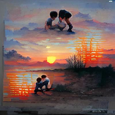 Two boys kissing over a sunset