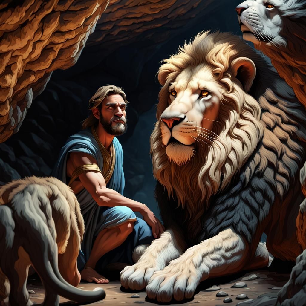 Biblical Daniel and Lions in a Cave