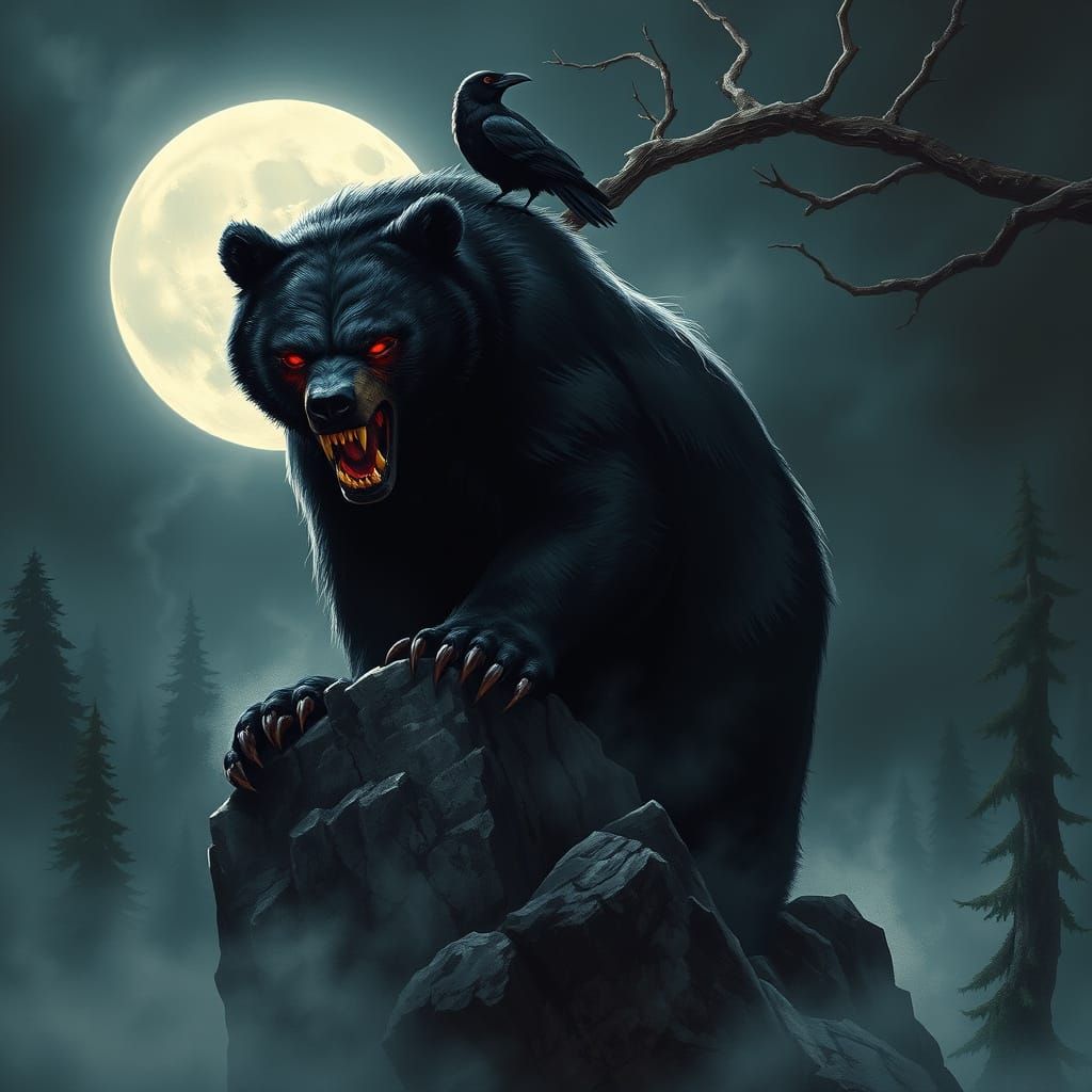 Mysterious Black Bear Under Full Moon in Dark Forest