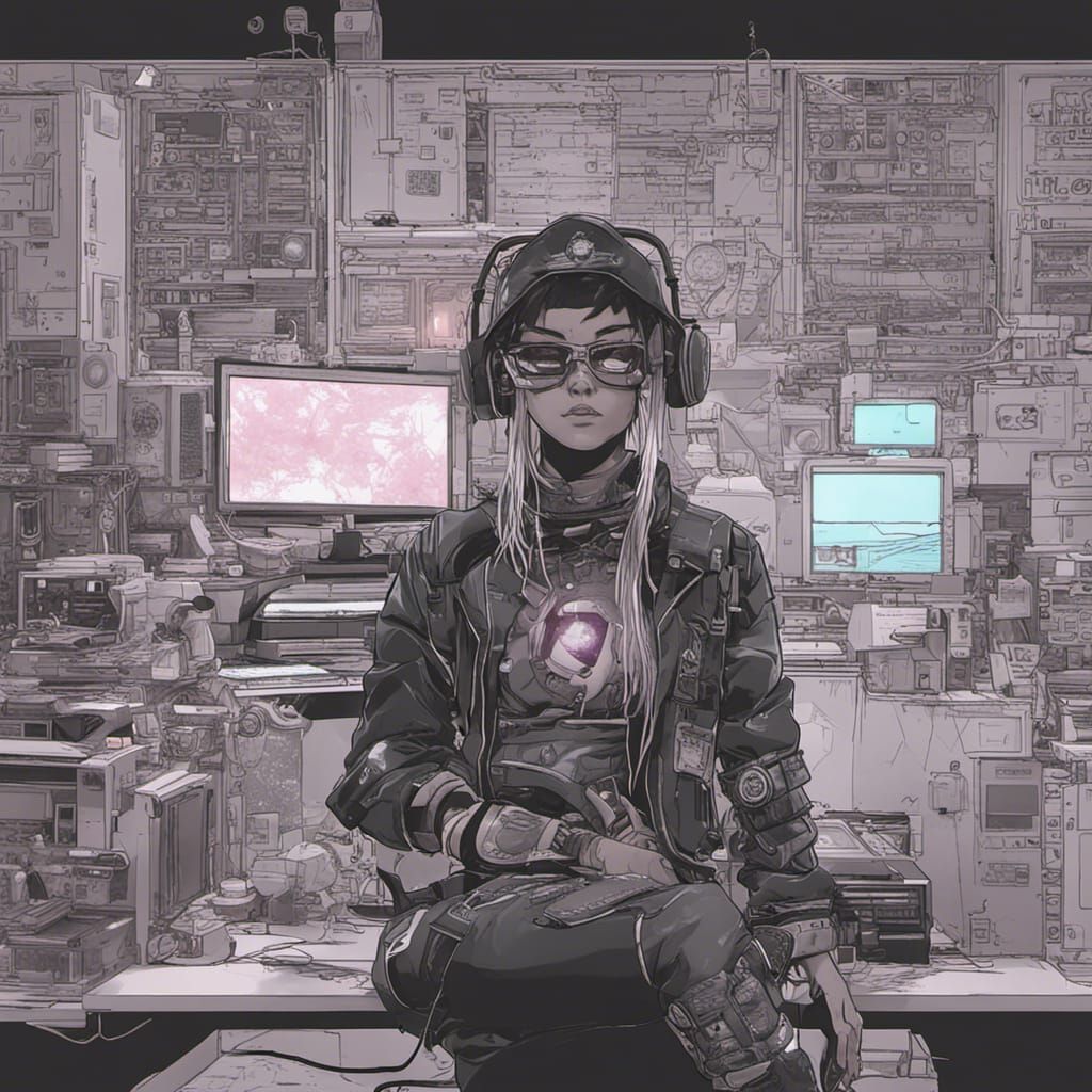 Cyberpunk Programmer Prints Hello World in Anime Style