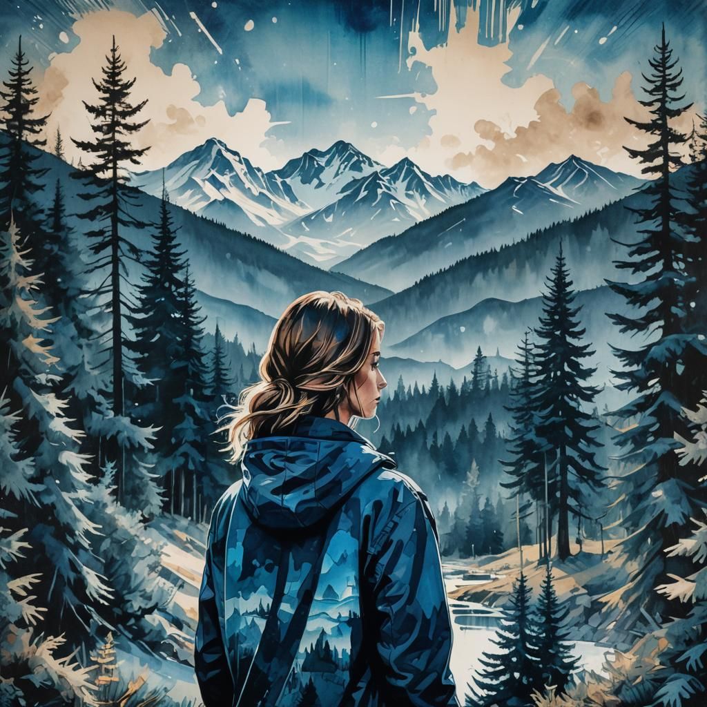 Gorgeous Woman with Mountain Silhouette: Maximalist Ink Pain...