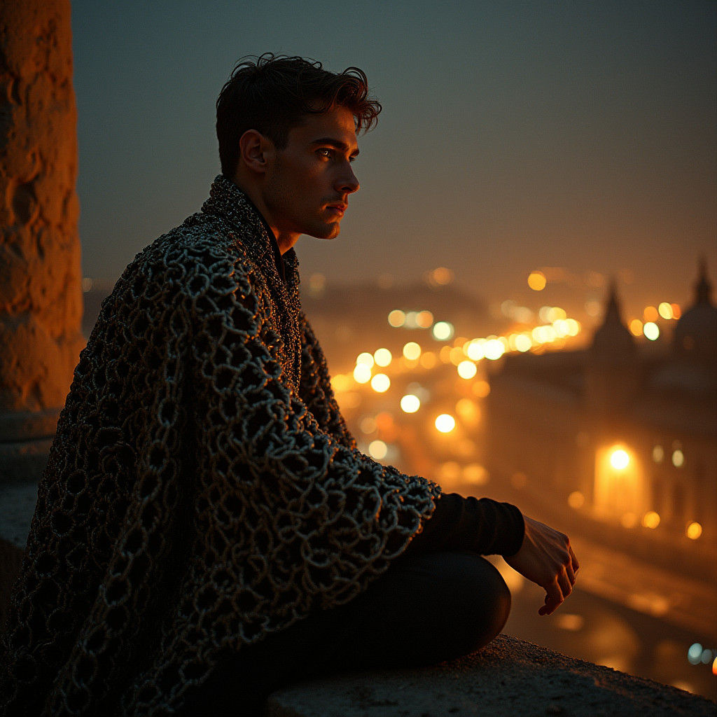 Contemplative Man on Rampart at Night