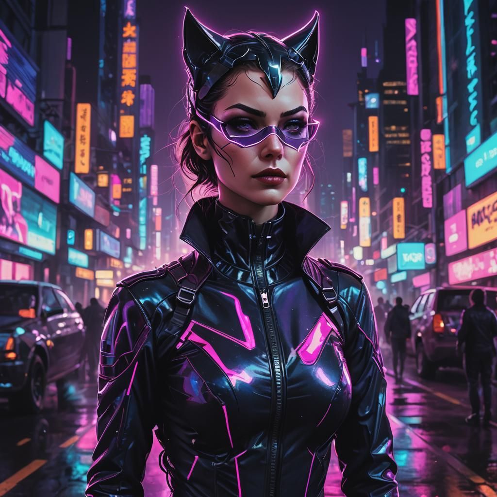 Cyberpunk Anime Catwoman in Gotham City