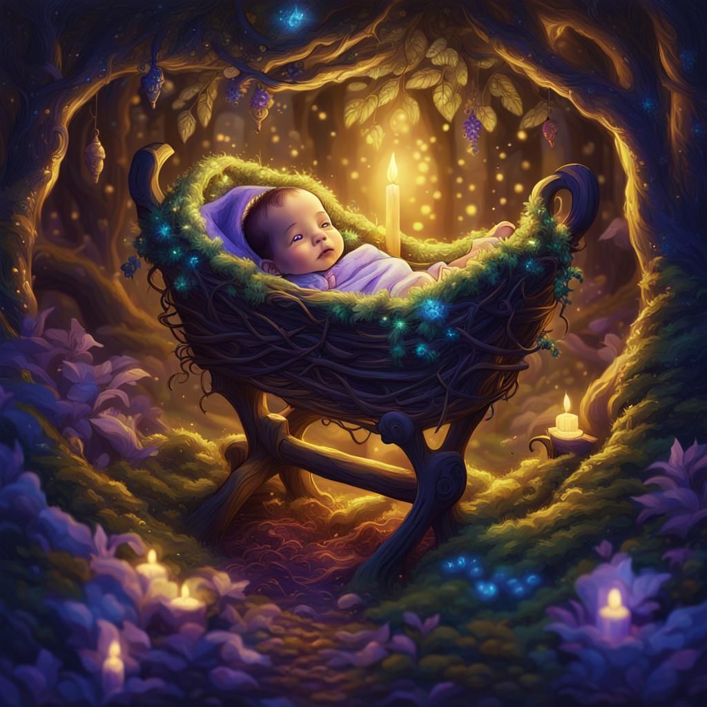 Mystical Forest Manger Scene in Fantasy Style