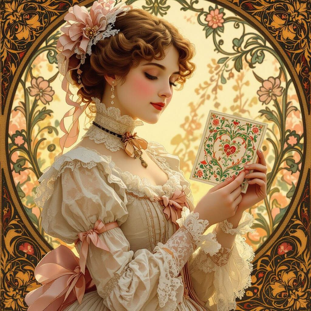 Victorian Lady with Valentine in Art Nouveau Style