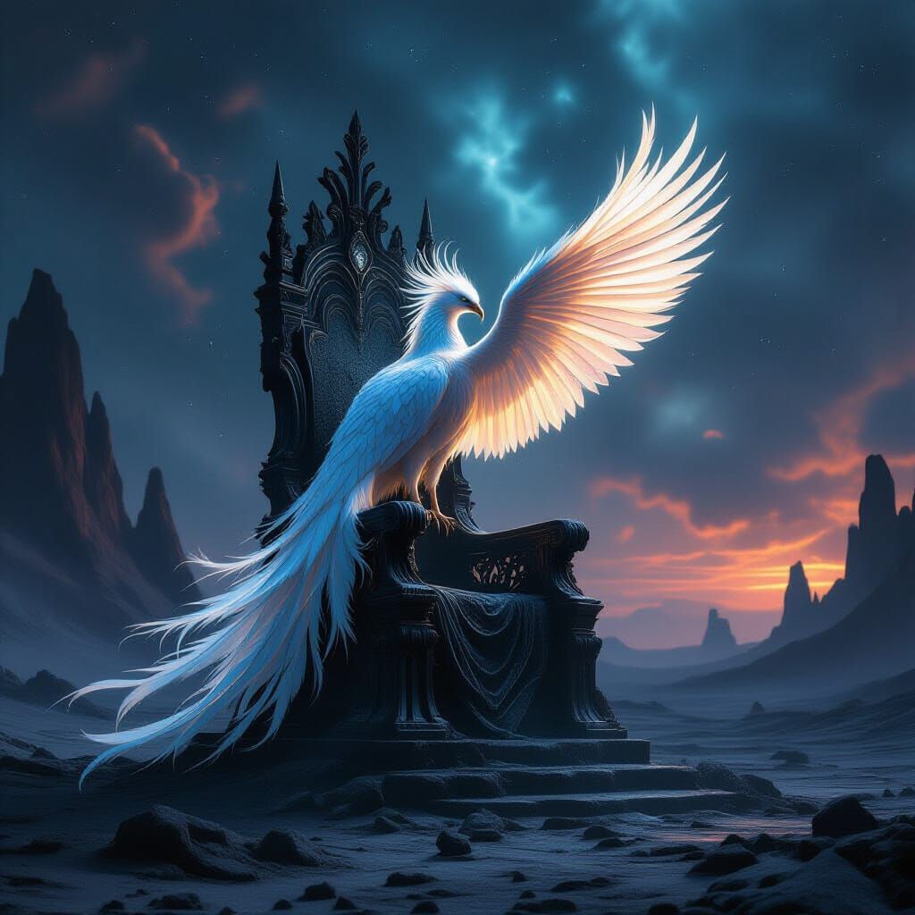 Majestic Phoenix on Obsidian Throne in Alien Landscape
