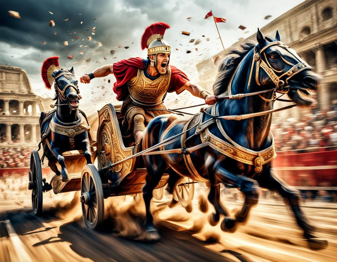 Dramatic Roman Chariot Race in Hyperrealistic Detail