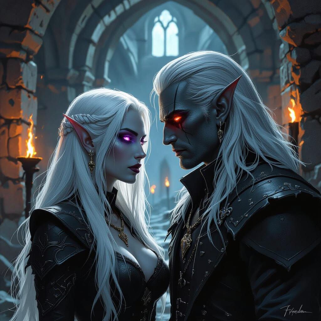 Gothic Fantasy Drow Lovers in Ruined Chamber