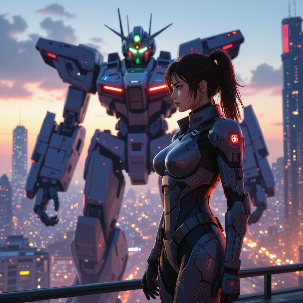 Anime Mech Pilot in Futuristic Cityscape