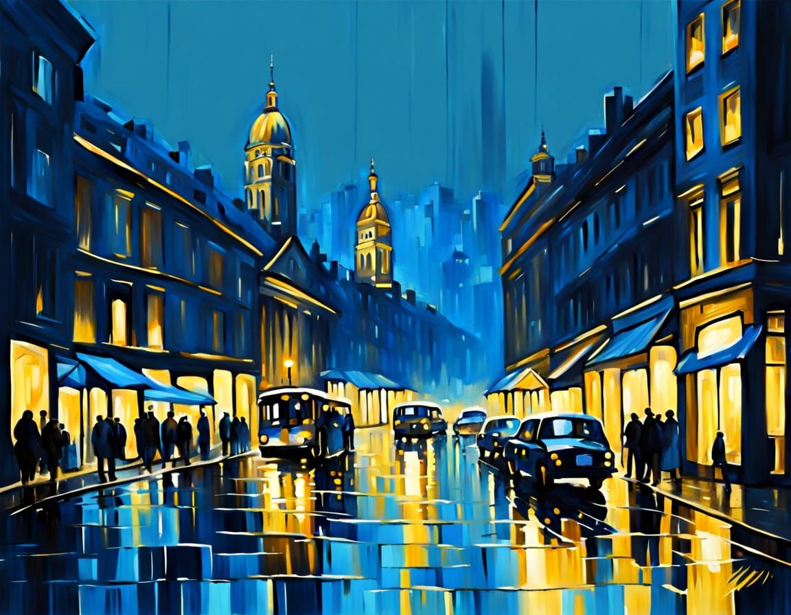 Impressionist Cityscape in Blue and Gold
