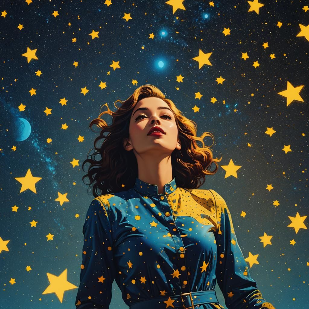 Pop Art Woman in Starry Night Sky