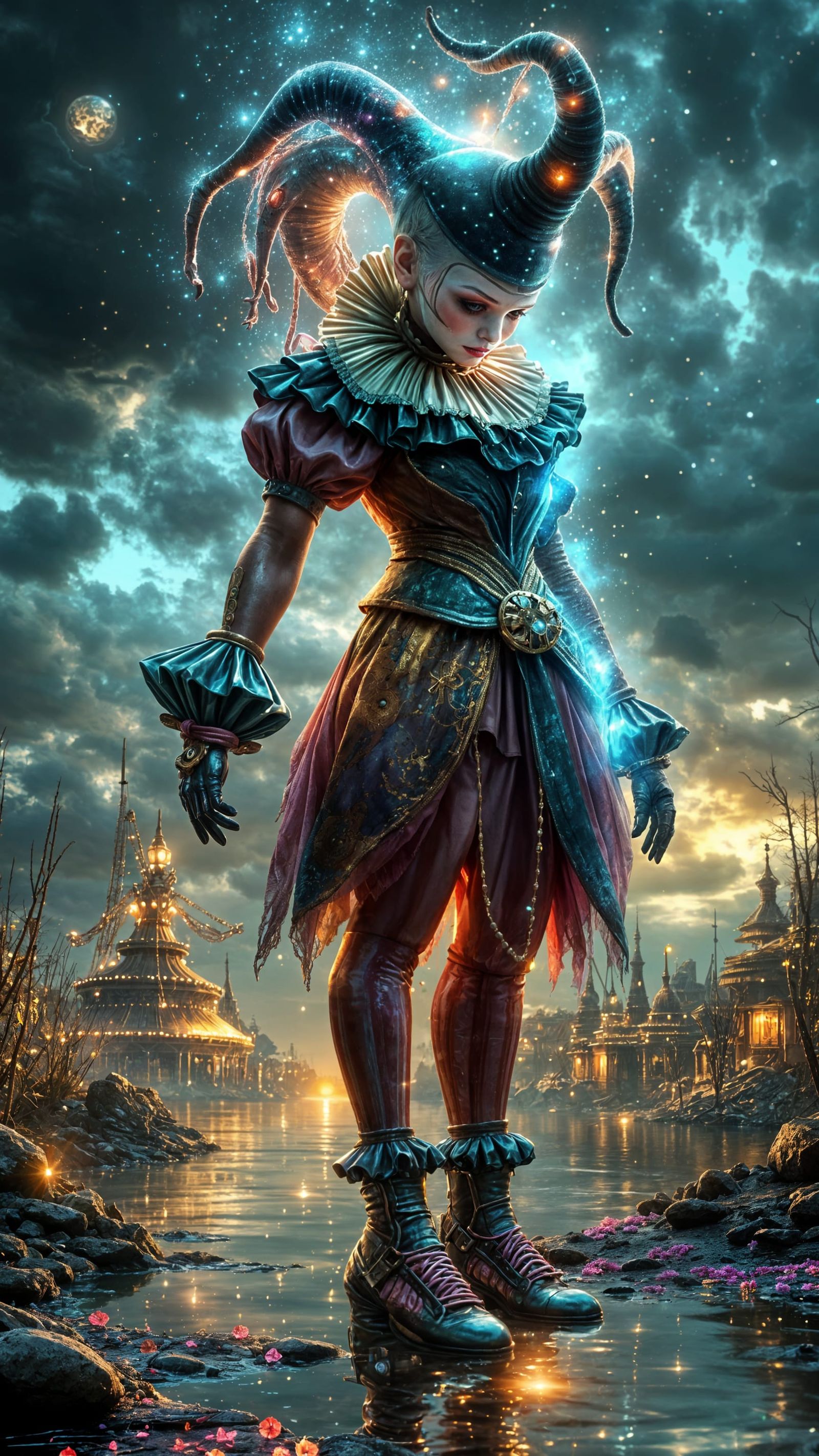 Steampunk Harlequin on Desolate Carnival Grounds