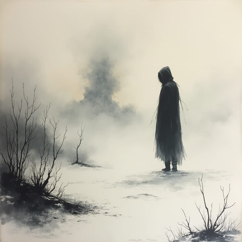 Surrealist Chinese Ink Wash Painting of a Lone Figure in Des...