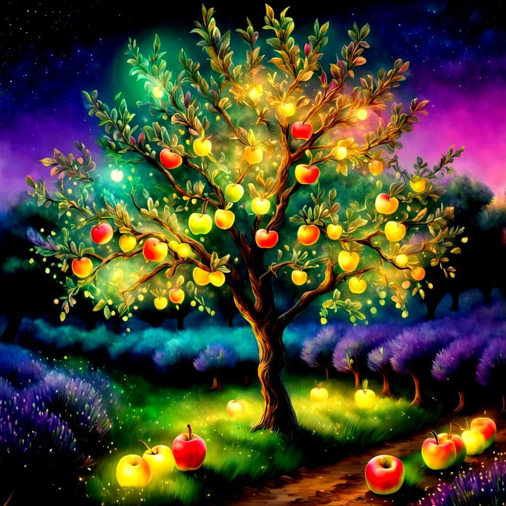 Vibrant Nighttime Apple Orchard in a Cyberpunk Aesthetic