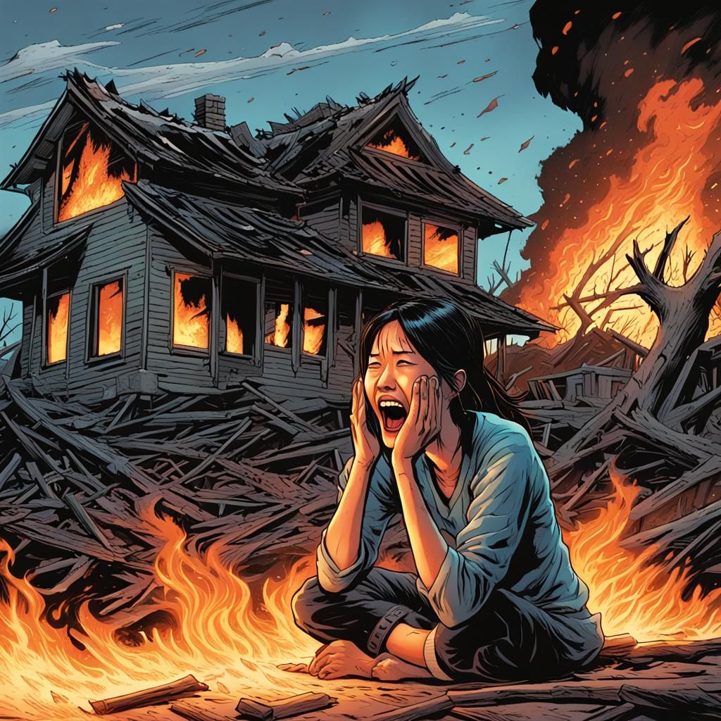 Distraught Woman Before Burning House: Hyperrealistic Art